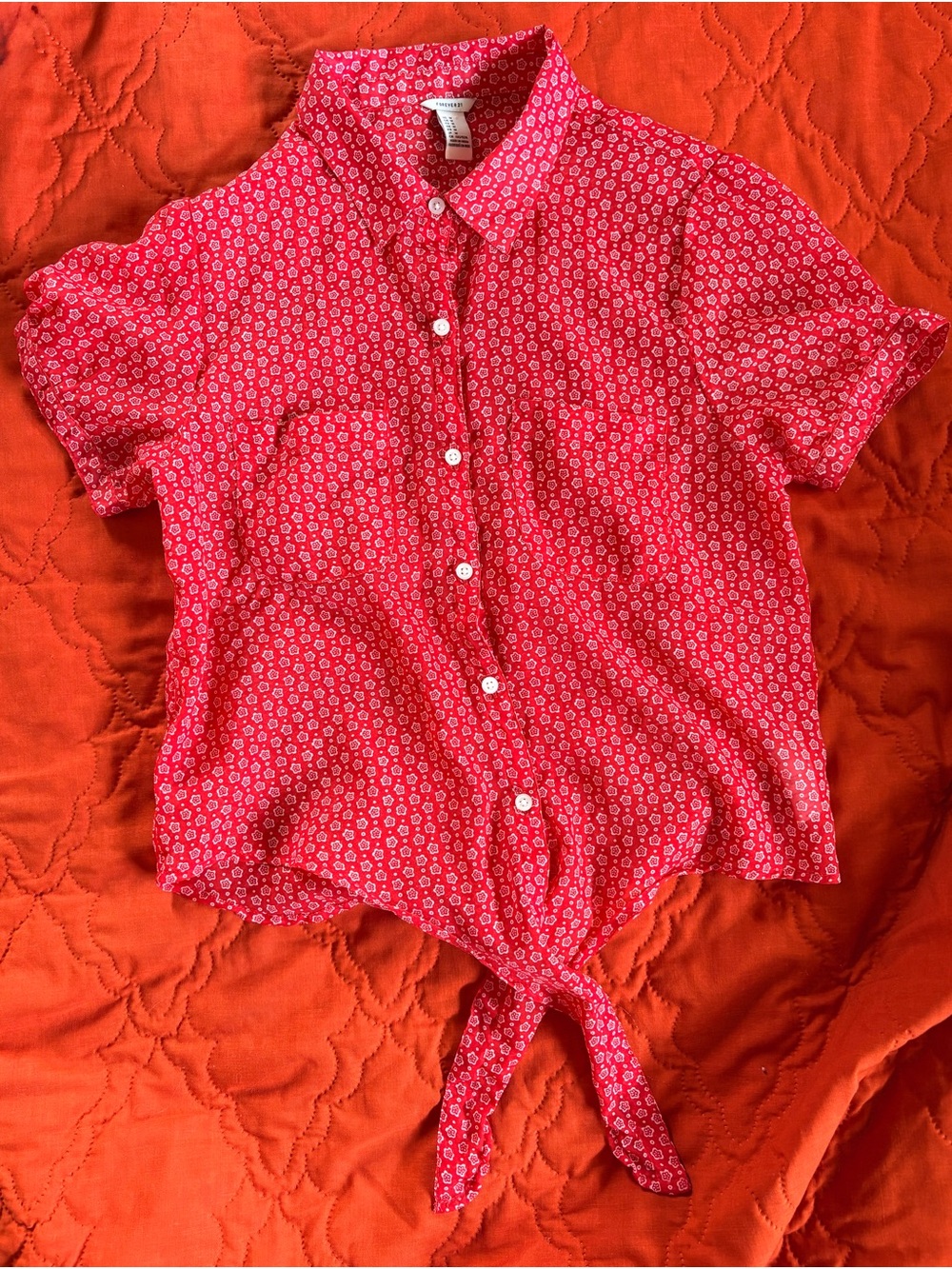 Vintage Forever 21 Red Short-Sleeve Tie-Front Button Down Shirt